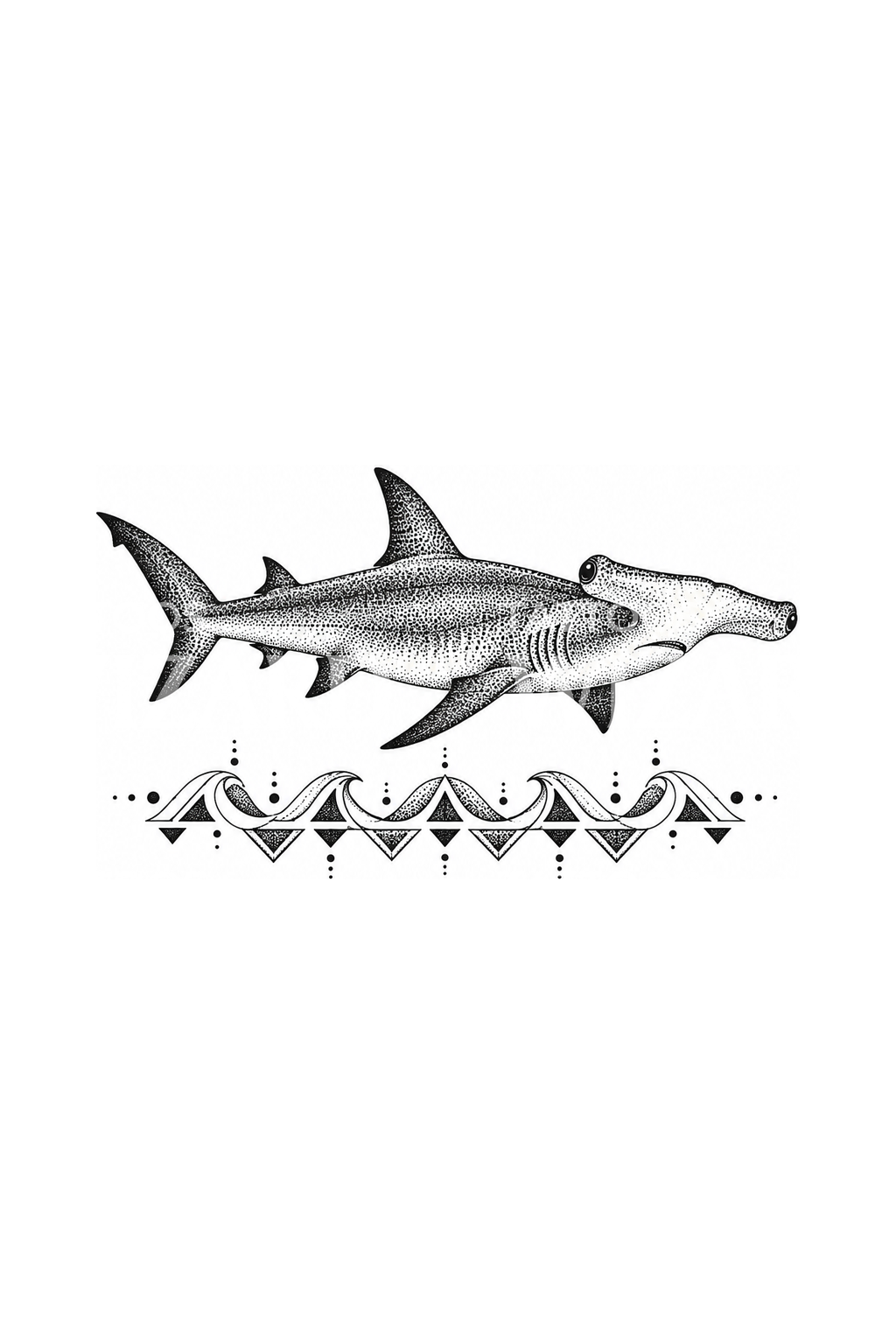 Dotwork-tatovering med hammerhaj og bølgebånd