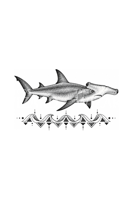 Hammerhead Shark Wave Band Dotwork Tattoo Design