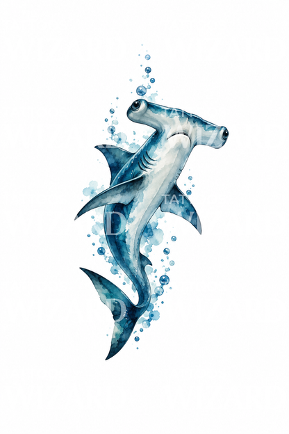 Hammerhead Shark with Rising Bubbles Watercolor Tattoo