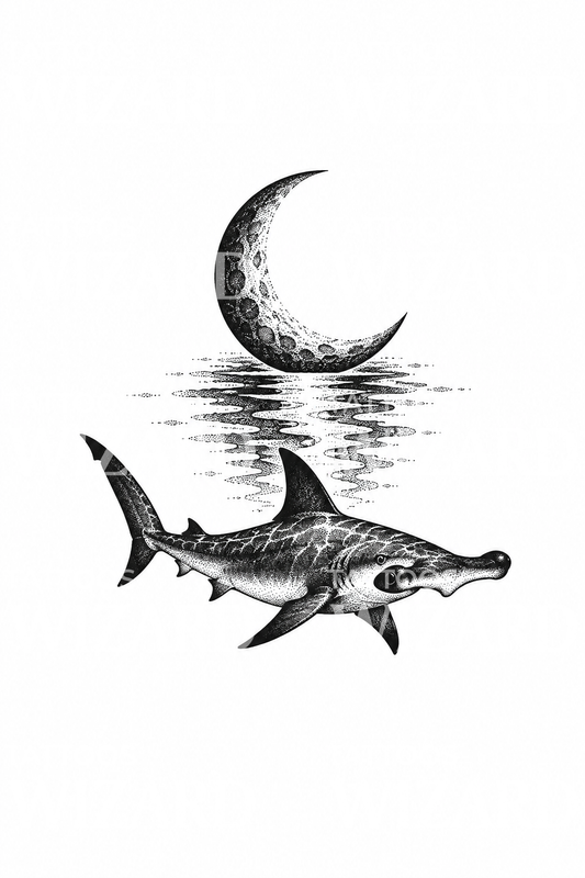 Squalo martello sotto la luna crescente, tatuaggio dotwork