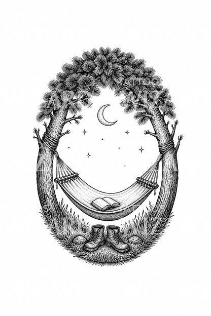 Motif de tatouage hamac sous les pins