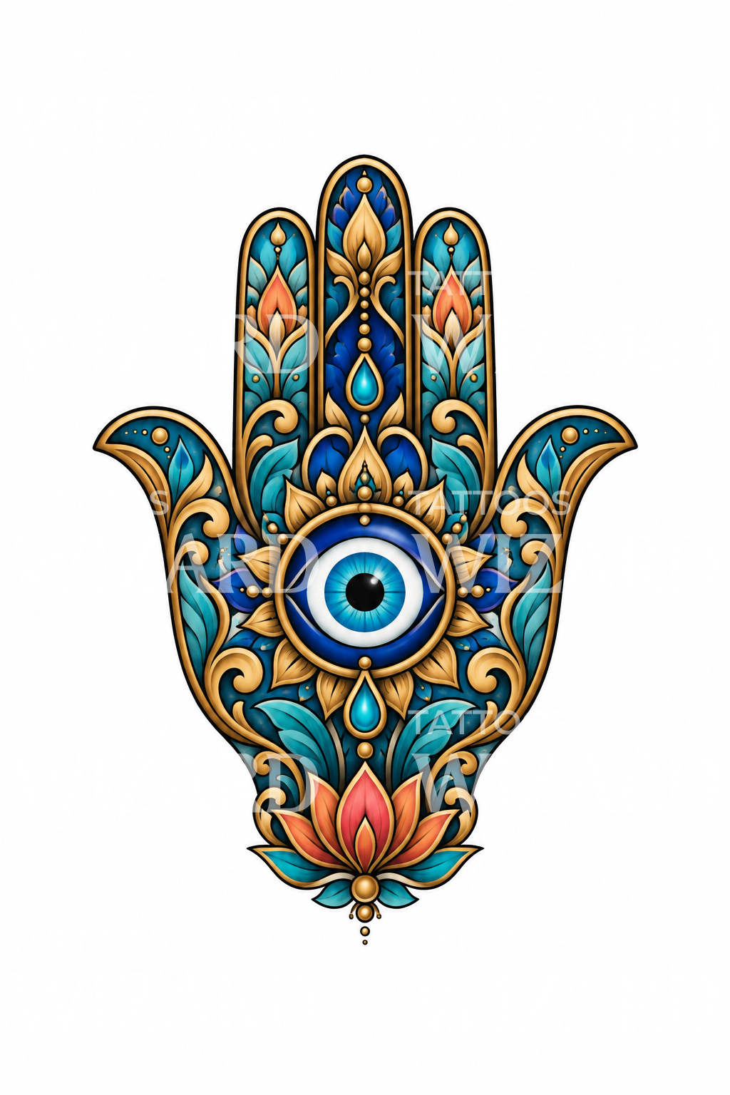 Disegno per tatuaggio della mano di Hamsa con malocchio e loto