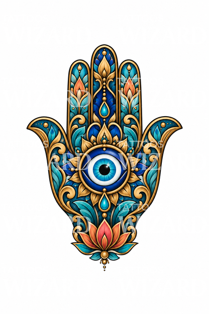 Disegno per tatuaggio della mano di Hamsa con malocchio e loto