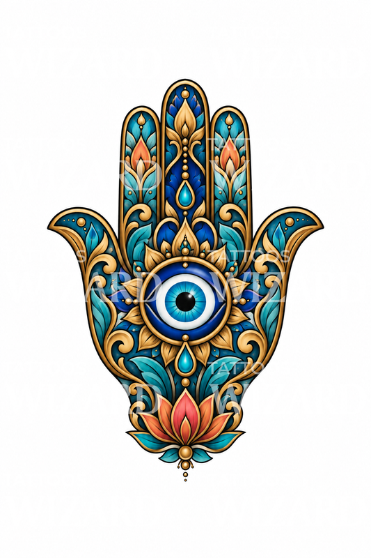 Hamsa Hand with Evil Eye and Lotus Tattoo Design