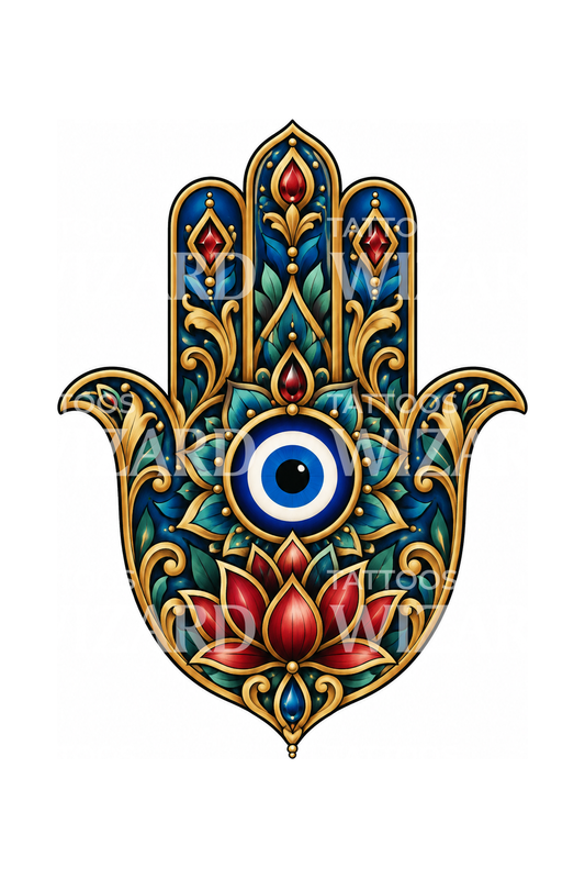 Hamsa Hand with Evil Eye and Lotus Tattoo Design