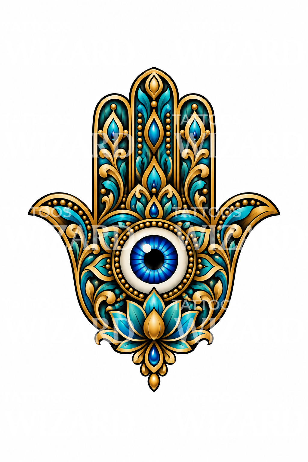 Diseño de tatuaje de mano Hamsa con ojo y loto