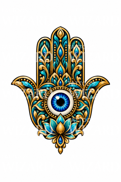 Diseño de tatuaje de mano Hamsa con ojo y loto