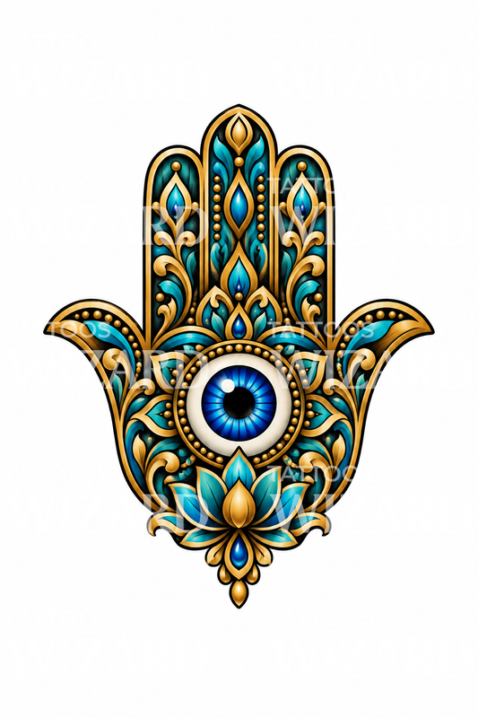 Tatuering med hamsahand, onda ögat och lotus