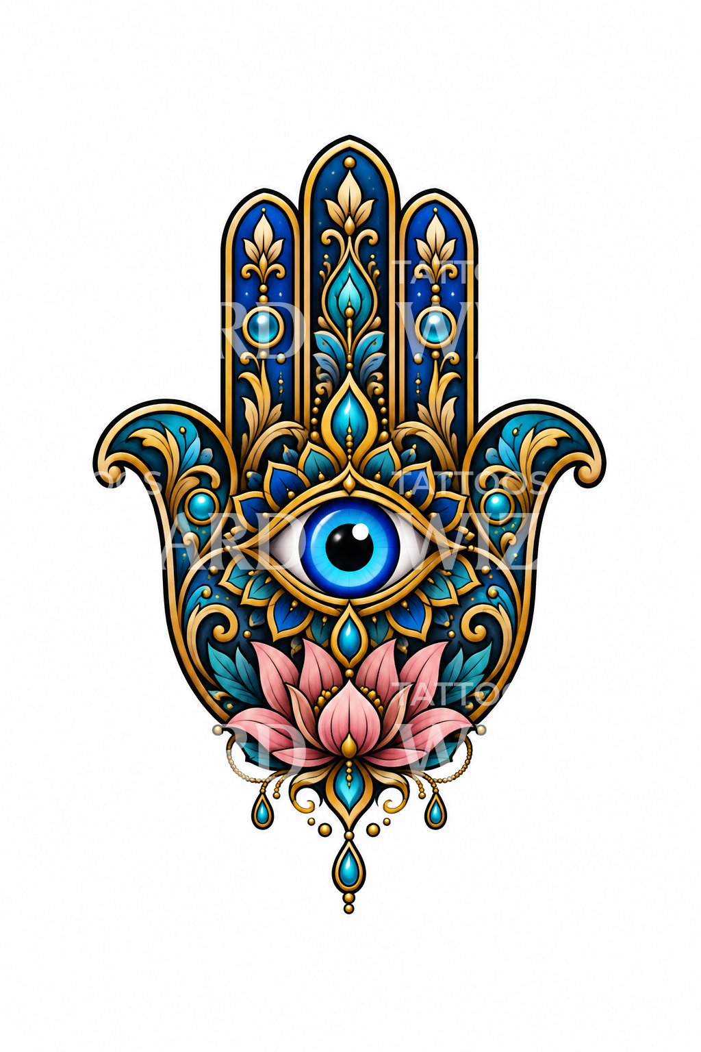 Hamsa-hand med onda ögat och lotus som tatuering