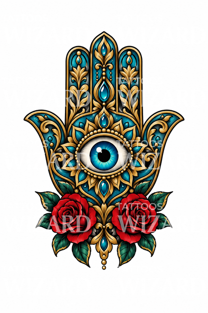 Hamsa-hånd med det onde øje og roser som tatovering