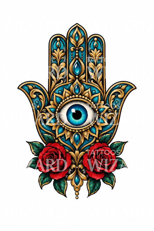 Idée de tatouage main de Hamsa avec œil et roses