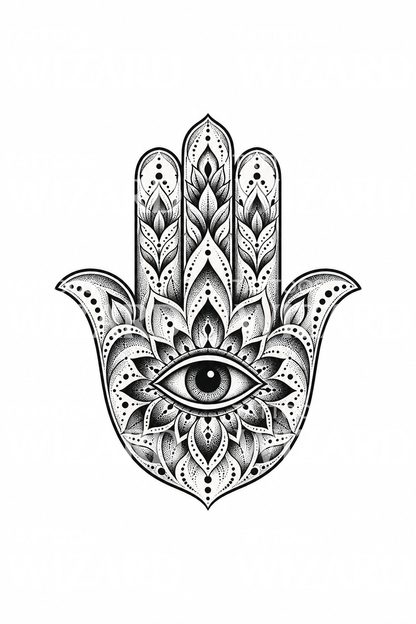 Hamsa kéz gonosz szemmel, dotwork tetoválás