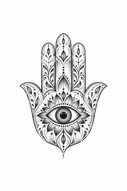 Tato tangan Hamsa dengan mata jahat bergaya dotwork