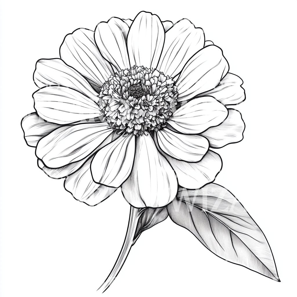 Hand-drawn Fineline Zinnia Flower Tattoo Design