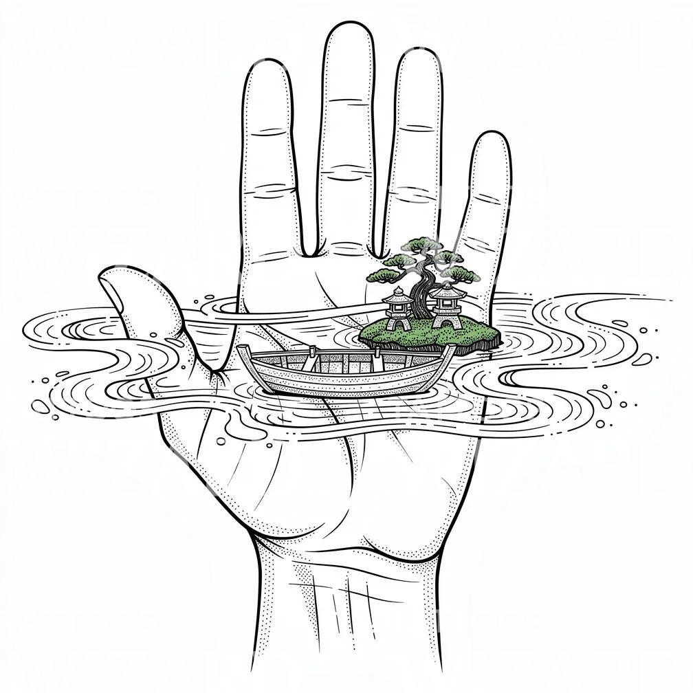 Hand Island Boat Tattoo Design