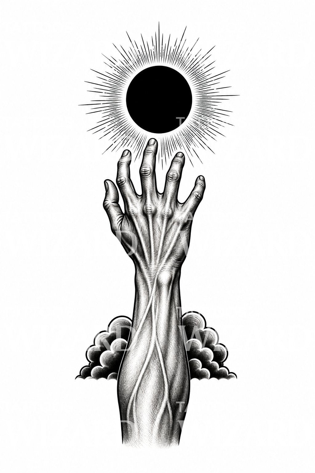 Ilustrace tetování ruky sahající po zatmění