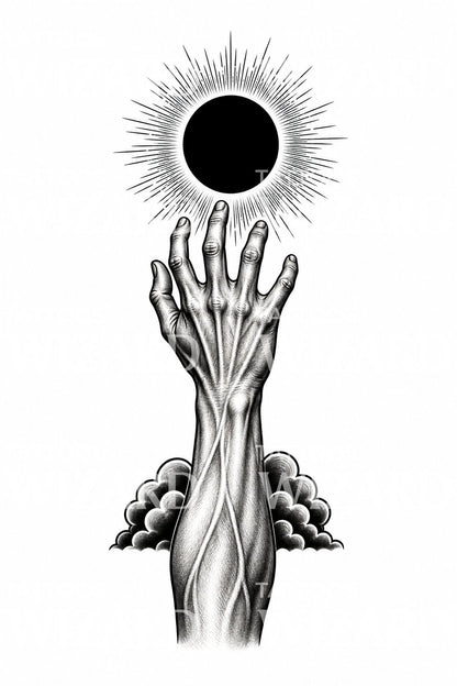 Ilustrace tetování ruky sahající po zatmění