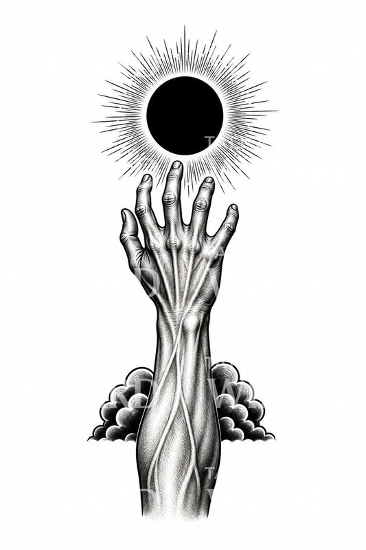 Illustration de tatouage d'une main tendue vers une éclipse