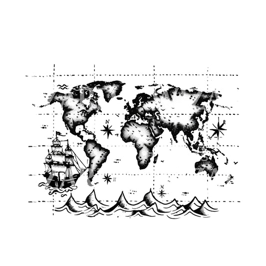 Handpoke World Map Tattoo Design