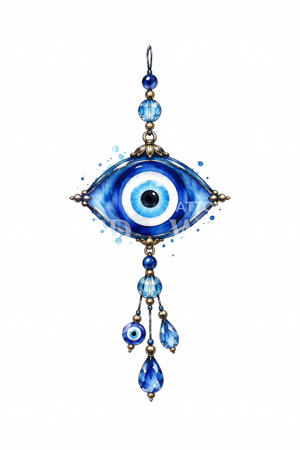 Tatouage aquarelle d’un talisman œil protecteur suspendu