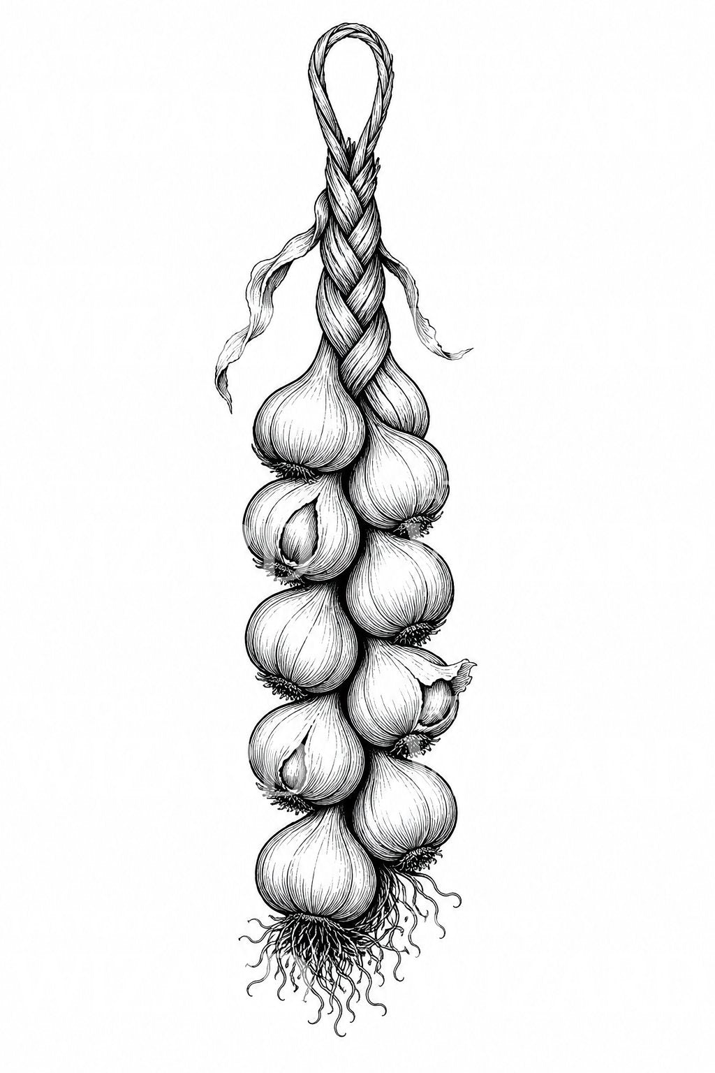 Ilustrace tetování zavěšeného copu česneku