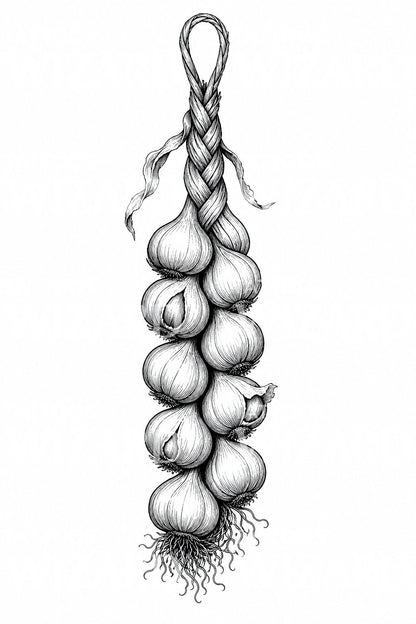 Ilustrace tetování zavěšeného copu česneku