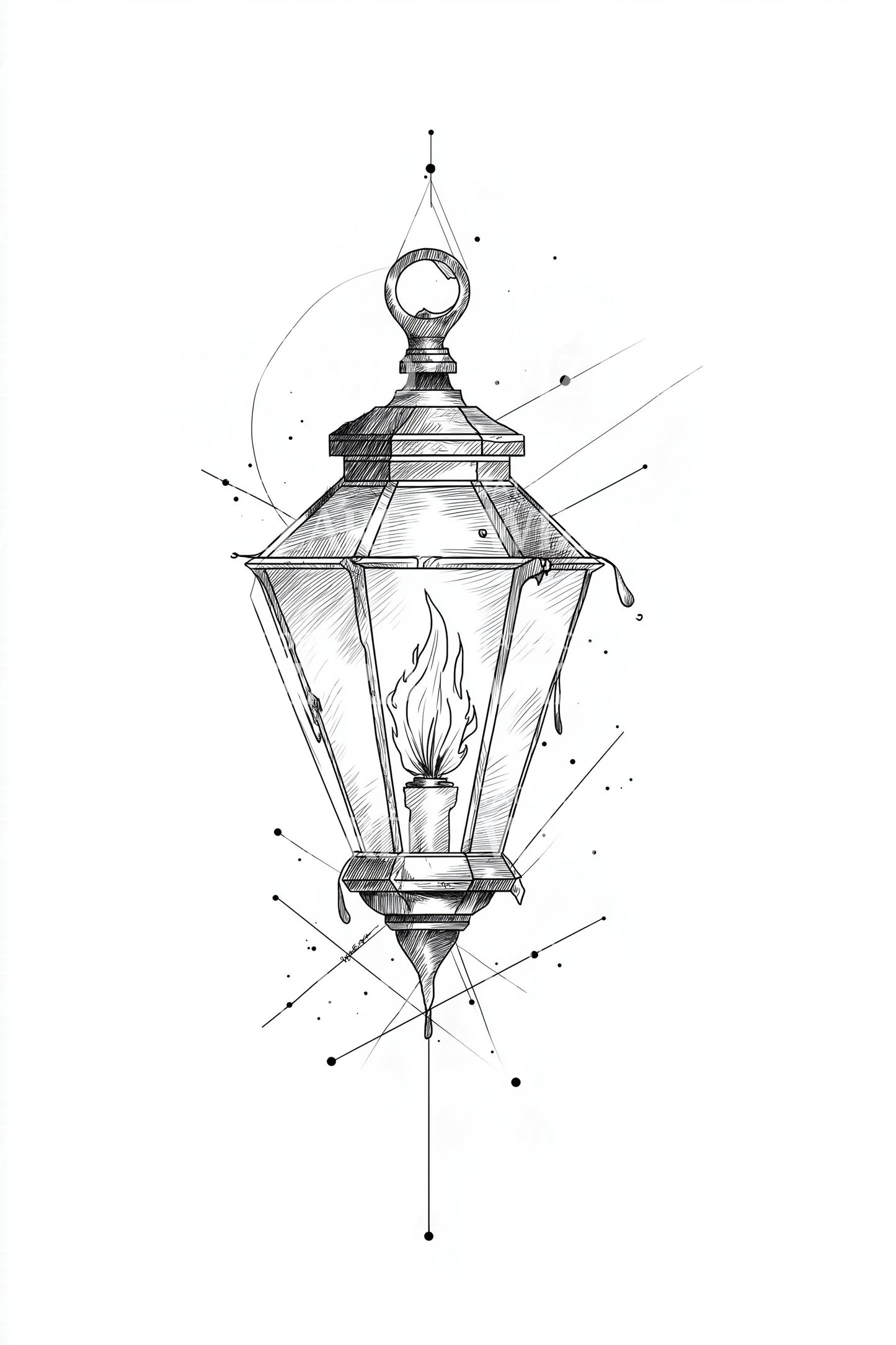Hanging Lantern Linework Tattoo Design
