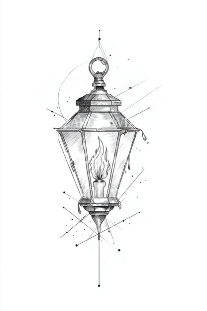 Hanging Lantern Linework Tattoo Design