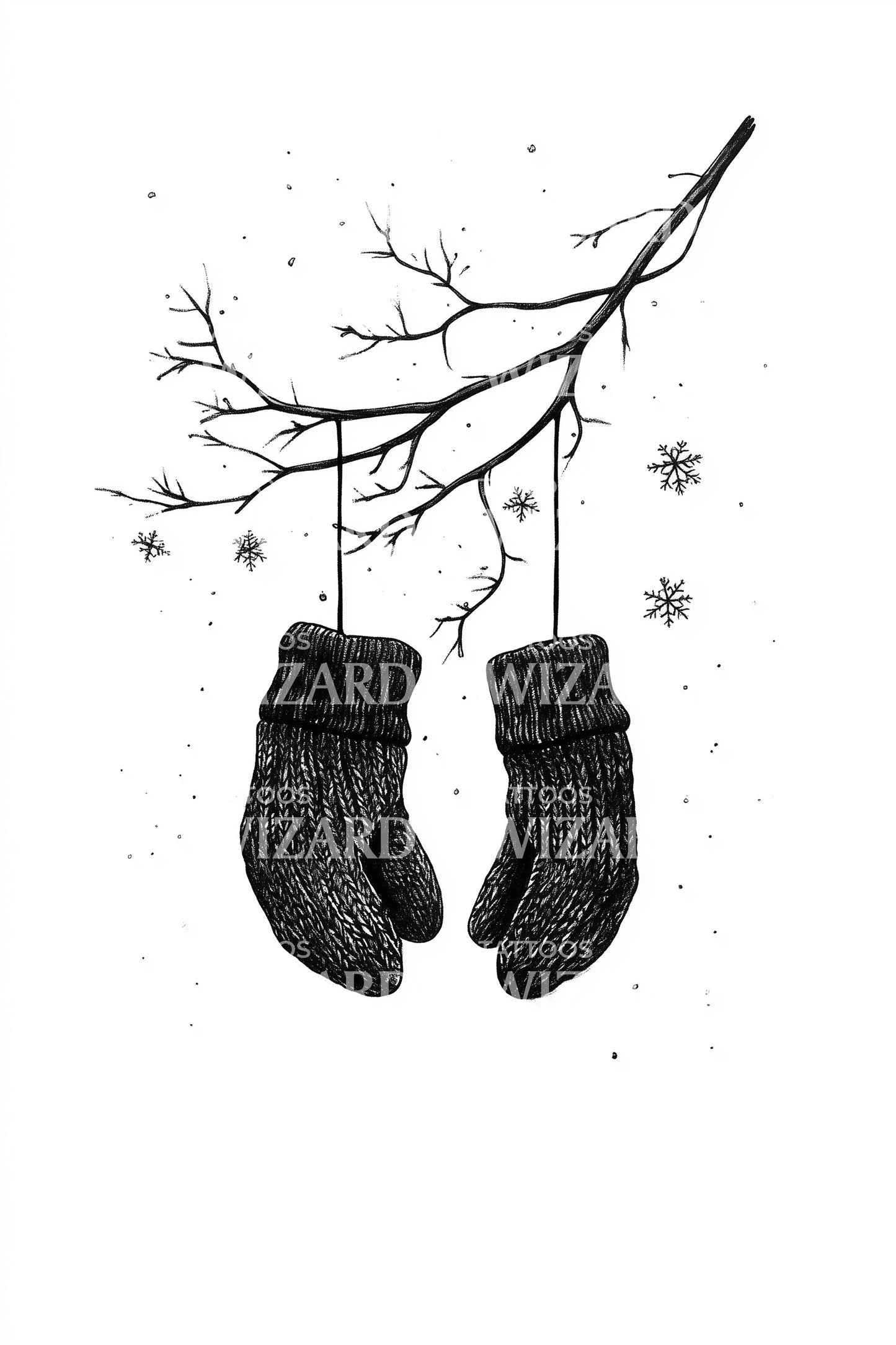 Hanging Mittens on Branch Tattoo Illustration