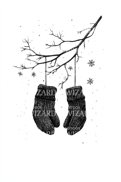 Hanging Mittens on Branch Tattoo Illustration