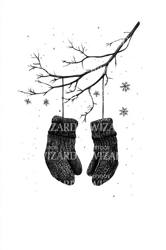 Hanging Mittens on Branch Tattoo Illustration