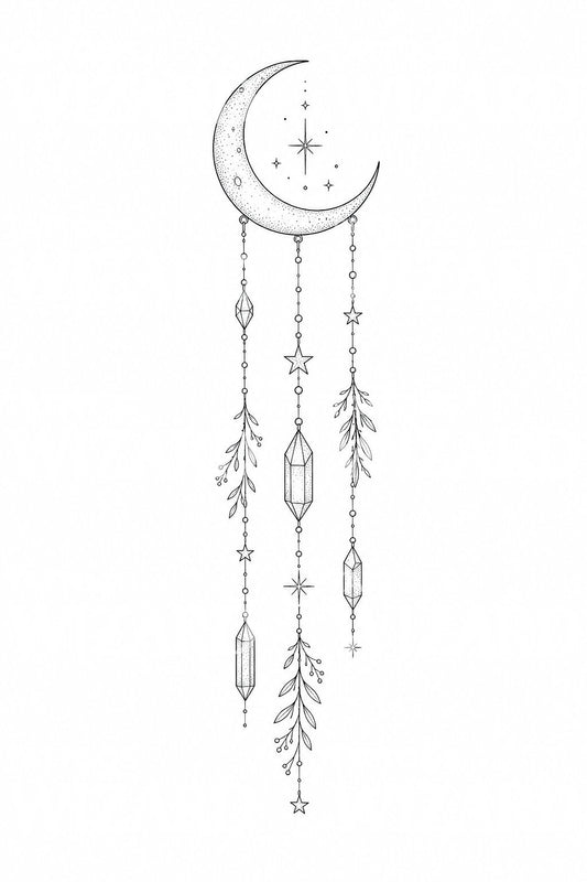 Design tatuaggio luna sospesa con cristalli