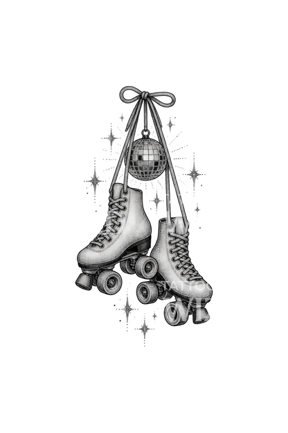 Tatuagem de patins pendurados e bola de espelhos