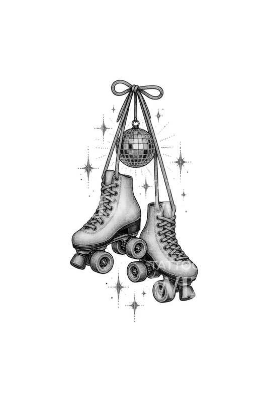 Tatuagem de patins pendurados e bola de espelhos