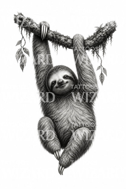 Hanging Sloth Black and Grey Tattoo Design