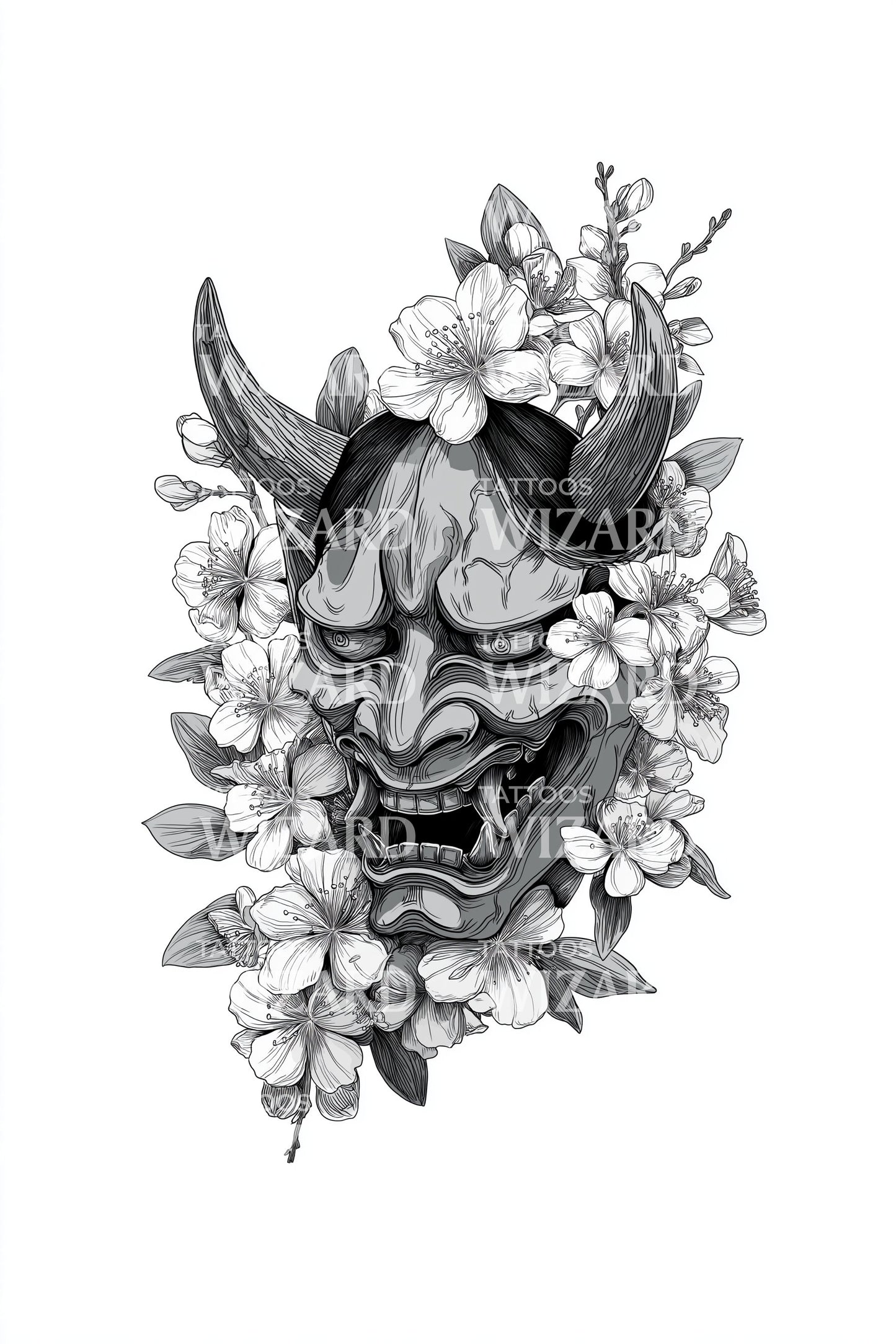 Hannya Mask Çiçek Dövme Tasarımı