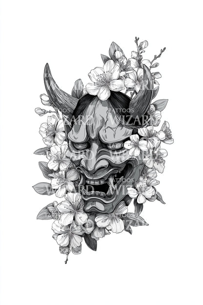 Hannya Mask Blossom Tattoo Design
