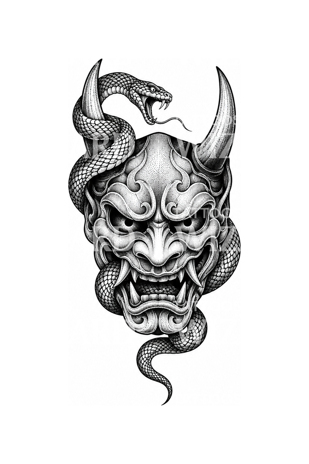 Idée de tatouage pointilliste masque Hannya et serpent