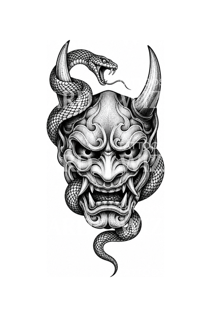 Idée de tatouage pointilliste masque Hannya et serpent