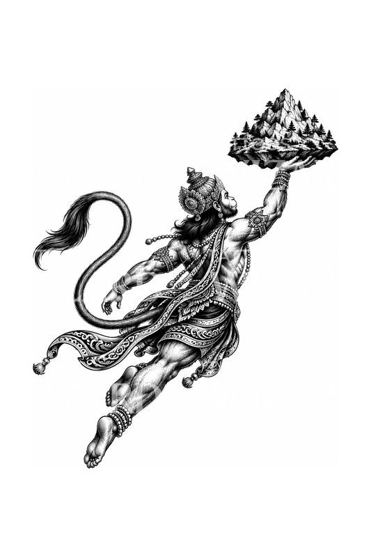Hanuman a voar com a montanha, design de tatuagem