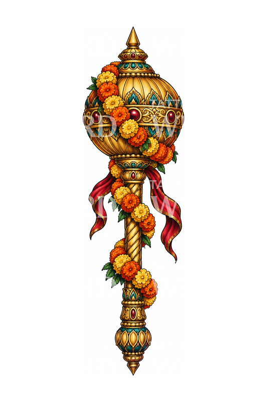 Hanuman-gada med morgenfruekrans som tatoveringsdesign