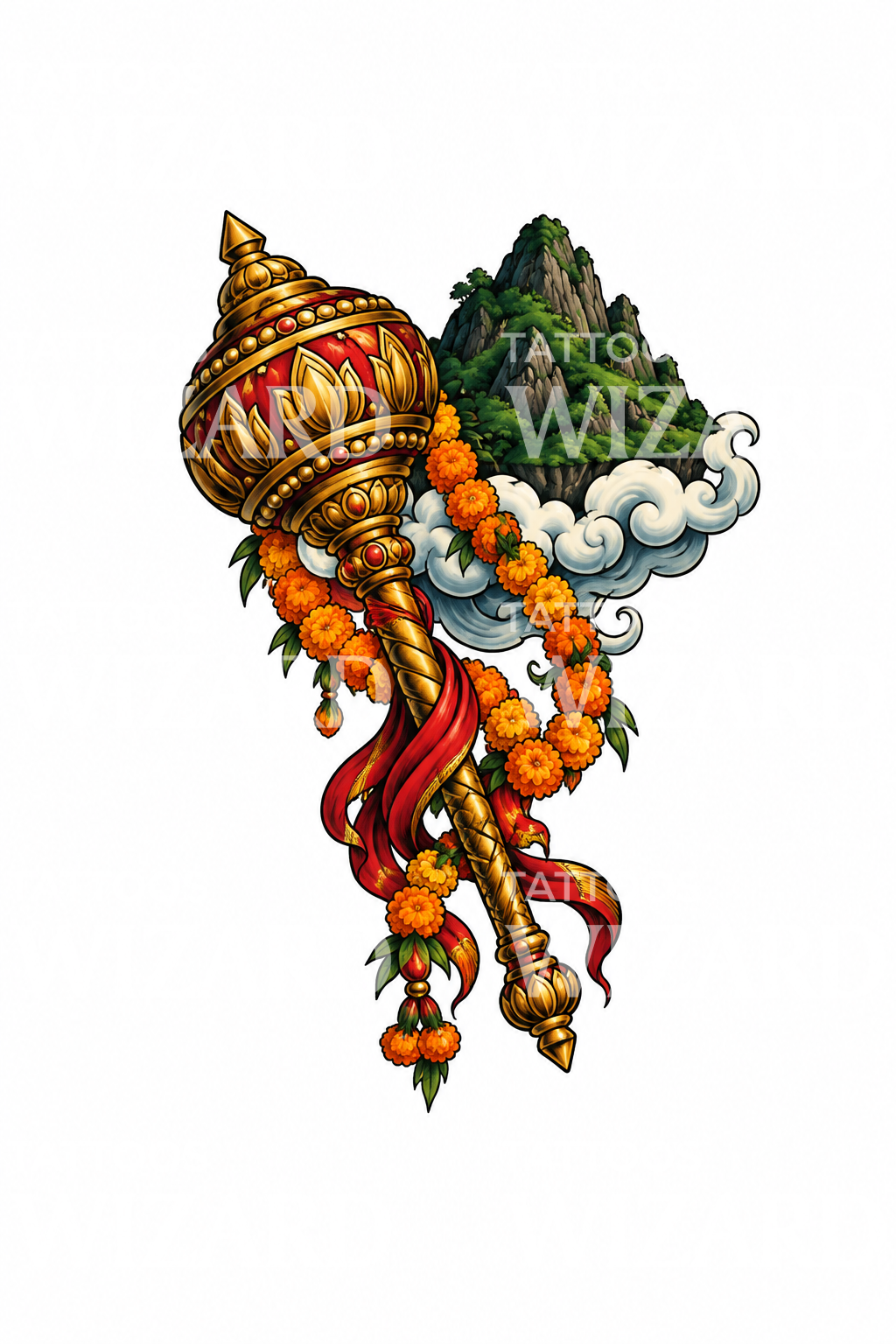 Hindu-Tattoo mit Hanumans goldener Keule und fliegendem Berg