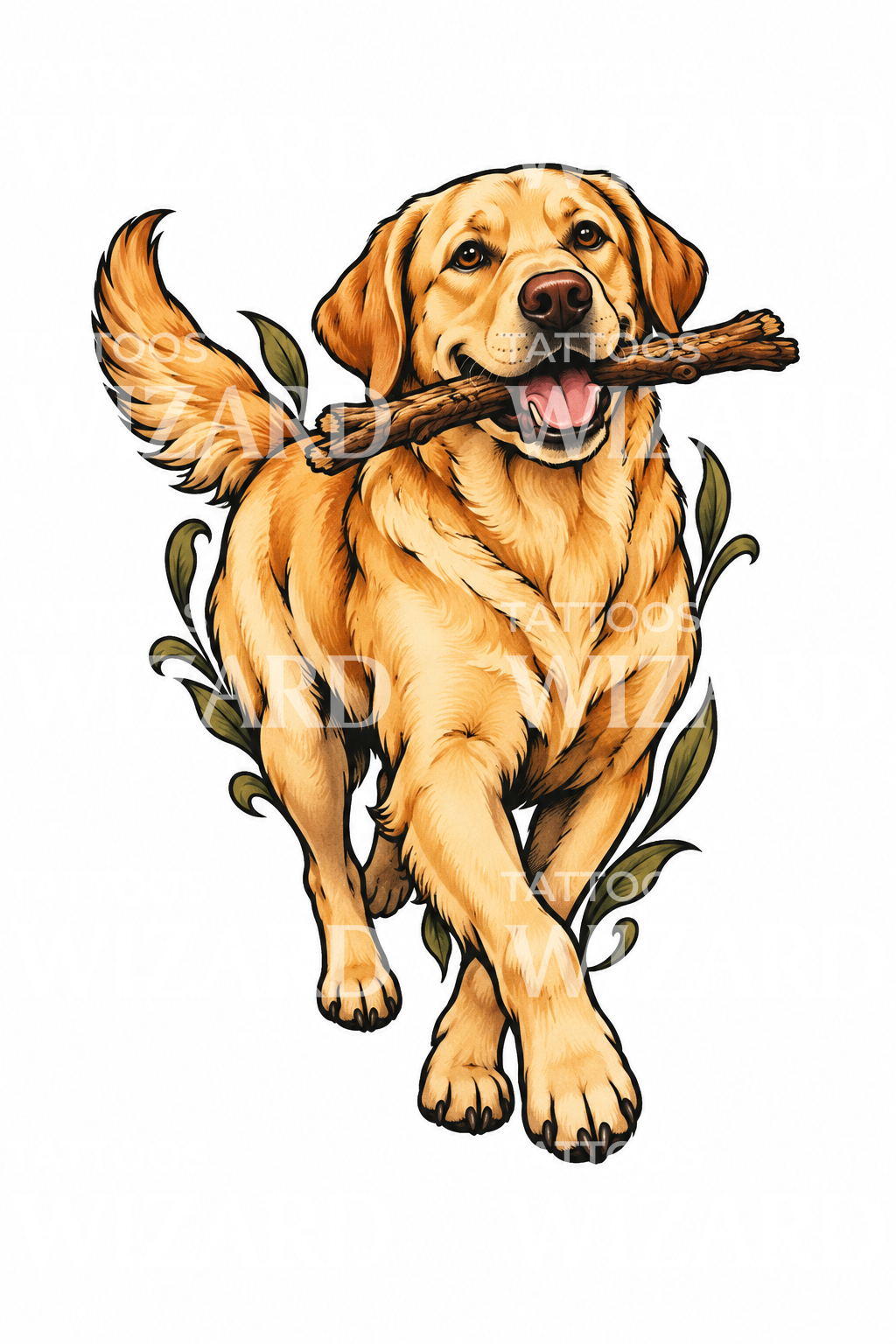 Tatuaggio di labrador felice con bastoncino