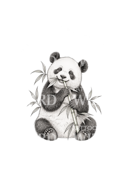 Happy Panda Munching Bamboo Fine Line Tattoo