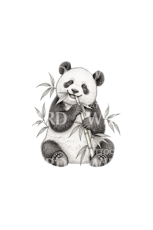 Iloinen bambusta nauttiva panda, fine line -tatuointi