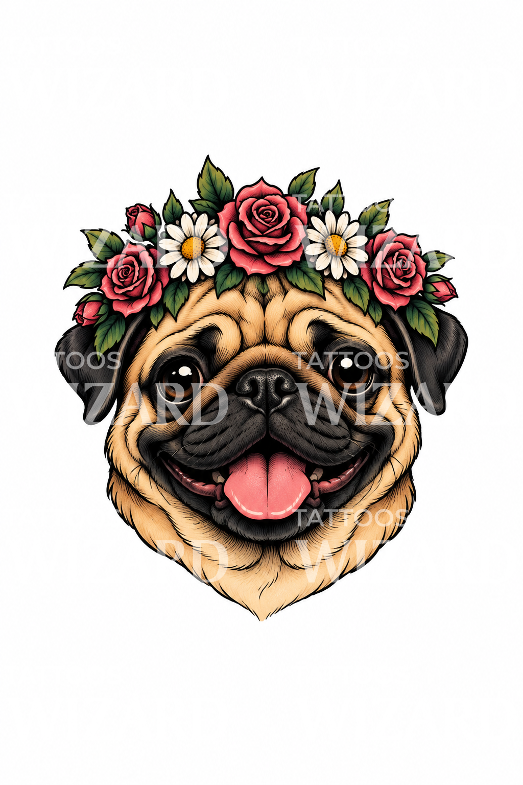 Glad mops med blomsterkrans, tatoveringsdesign