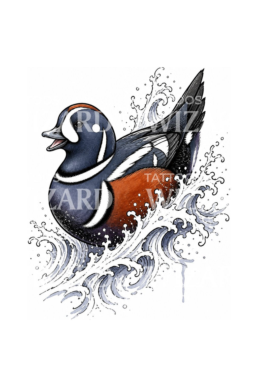 Harlekijneend in wildwater, tattoo-ontwerp