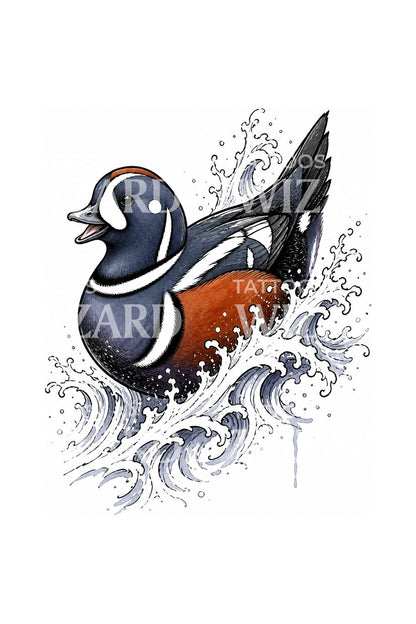 Harlekijneend in wildwater, tattoo-ontwerp