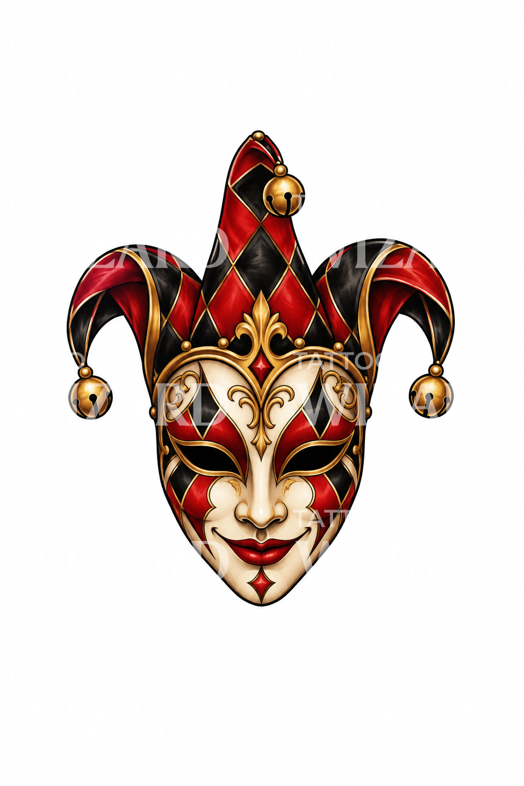 Harlekin-Narrenmaske mit Glöckchen als Tattoo-Design