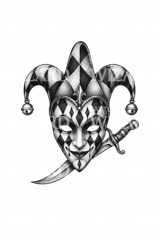 Tatouage masque de bouffon arlequin avec poignard